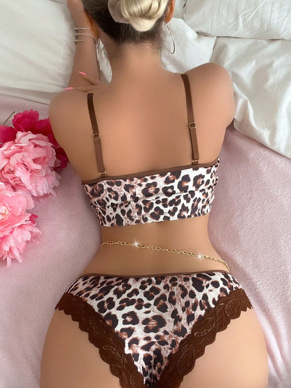 Leopard Print Women's Lingerie Set, Chain Shoulder Strap Bralette Wireless And Triangle Panties, 2pcs/Set Multicolor